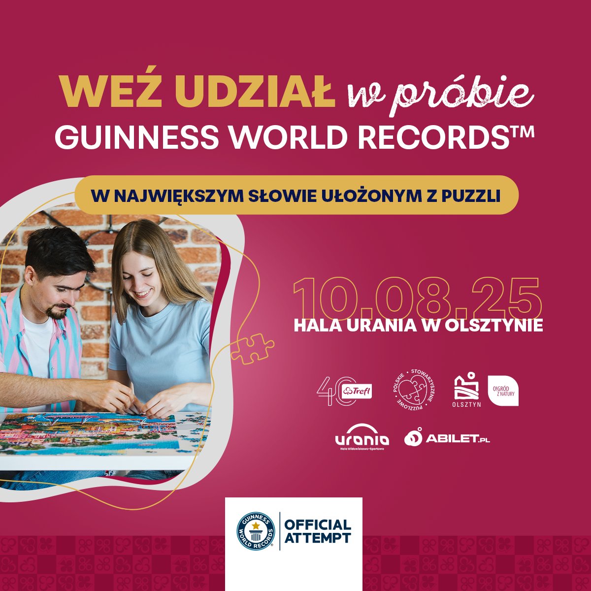 treflsopot's tweet image. Pobij @GWR razem z firmą Trefl 🤩
10 sierpnia w Hali Urania w Olsztynie nasz Sponsor tytularny zorganizuje wydarzenie, w czasie którego uczestnicy podejmą próbę ułożenia największego słowa z puzzli 🧩 W planach jest ponad 560 000 elementów! 😱 To będzie ogromna akcja, która…