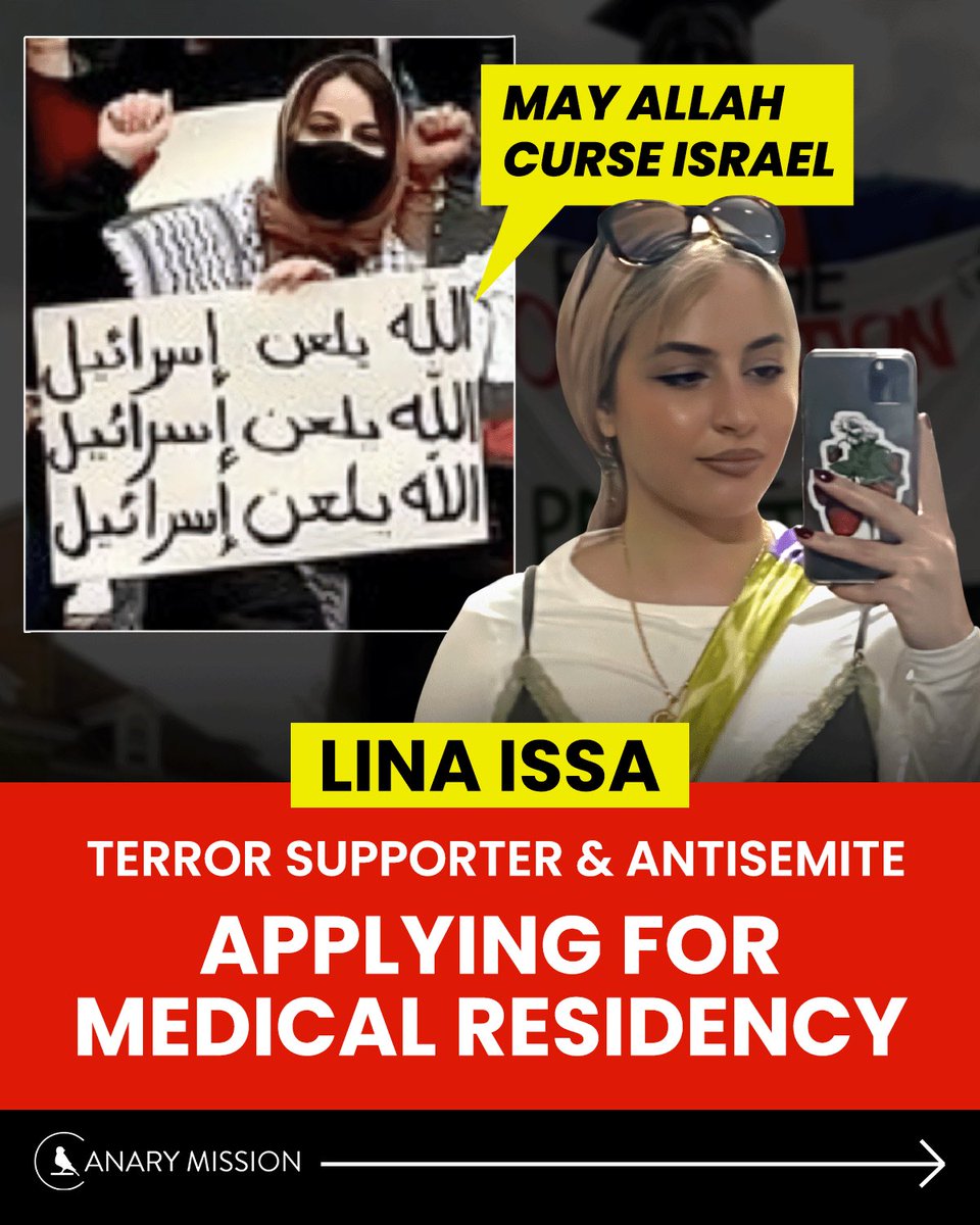 Lina Issa has praised terrorists, defended attacks on Jewish students, and was the treasurer for the antisemitic SJP at the University of Illinois Urbana-Champaign.

She’s now applying for medical residency and could soon become a licensed doctor.

She’s called to “curse Israel”