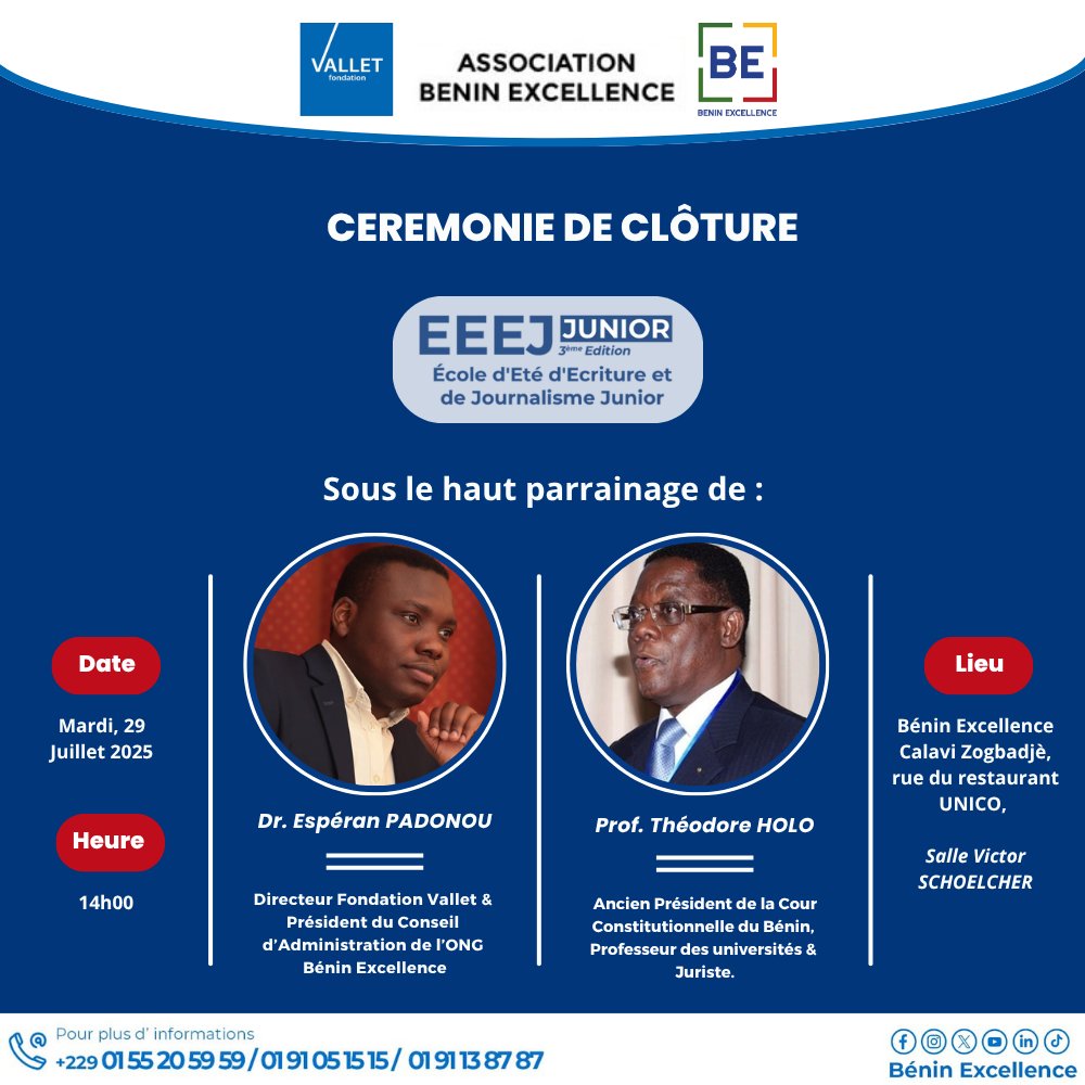 ExcellenceBenin's tweet photo. L'École d'Été d'Écriture et de Journalisme pour les Juniors, dans quelques jours, nous nous séparons!
Venez vivre en présentiel cet événement qui nous réserve une première dans l'histoire de l'EEEJ Junior!
#EEEJ #écoledété #écriture #journalisme #FondationVallet #BéninExcellence https://t.co/XDamMPVR69