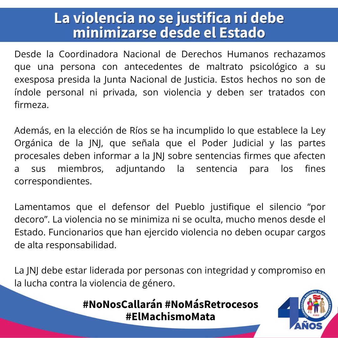 cnddhh's tweet image. 🔴#ALERTA| La violencia no es un asunto privado ni puede ser minimizada desde el Estado.
Rechazamos que una persona con antecedentes de maltrato psicológico presida la JNJ. Esto vulnera la ley y desacredita la lucha contra la violencia de género.
📢 Exigimos autoridades con…