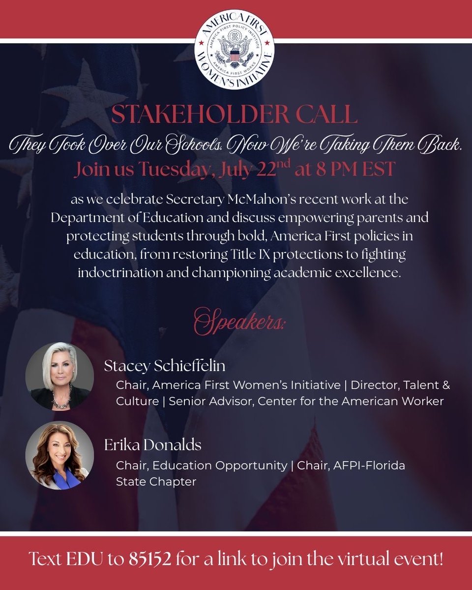 ErikaDonalds's tweet image. 📣 Parents, it's time to take our schools back!
Join us TONIGHT 7/22 at 8PM EST for a powerful stakeholder call on restoring academic excellence and protecting our kids.
🎙️ Speakers: The inspiring @StaceySchieffe2 & yours truly, @ErikaDonalds
📲 Text EDU to 85152 to join!