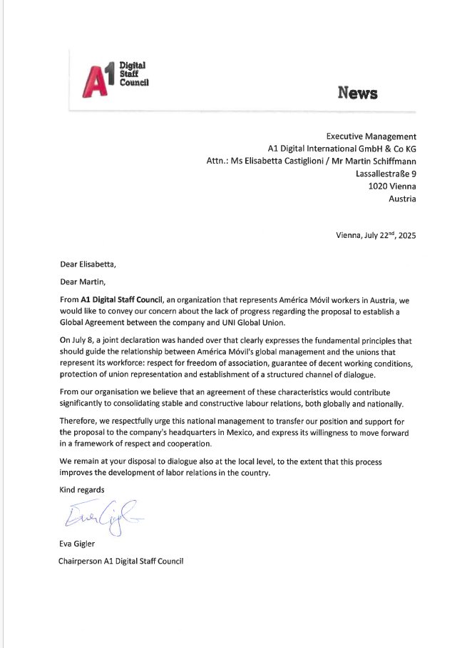 UNI Américas (@uniamericas) on Twitter photo 🪧 <a href="/uniglobalunion/">UNI Global Union</a> affiliates around the world call on América Móvil to commit to a Global Agreement to ensure:
🫱🏾🫲🏽union rights
✅decent work conditions
🌎structured dialogue across all countries
<a href="/carlosslim/">Carlos Slim Helu</a>, workers deserve respect! 🇦🇹 🪧 <a href="/uniglobalunion/">UNI Global Union</a> affiliates around the world call on América Móvil to commit to a Global Agreement to ensure:
🫱🏾🫲🏽union rights
✅decent work conditions
🌎structured dialogue across all countries
<a href="/carlosslim/">Carlos Slim Helu</a>, workers deserve respect! 🇦🇹