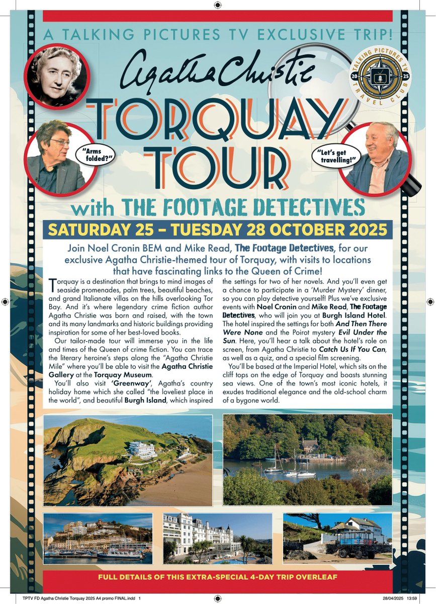 TalkingPicsTV's tweet image. A #TalkingPicturesTV Travel Club Exclusive Trip! 🔎 AGATHA CHRISTIE TORQUAY TOUR with THE FOOTAGE DETECTIVES Saturday 25th to Tuesday 28th October 2025. Tickets are strictly limited! To book, CALL now on 03301 733 450 buff.ly/gh70YRK