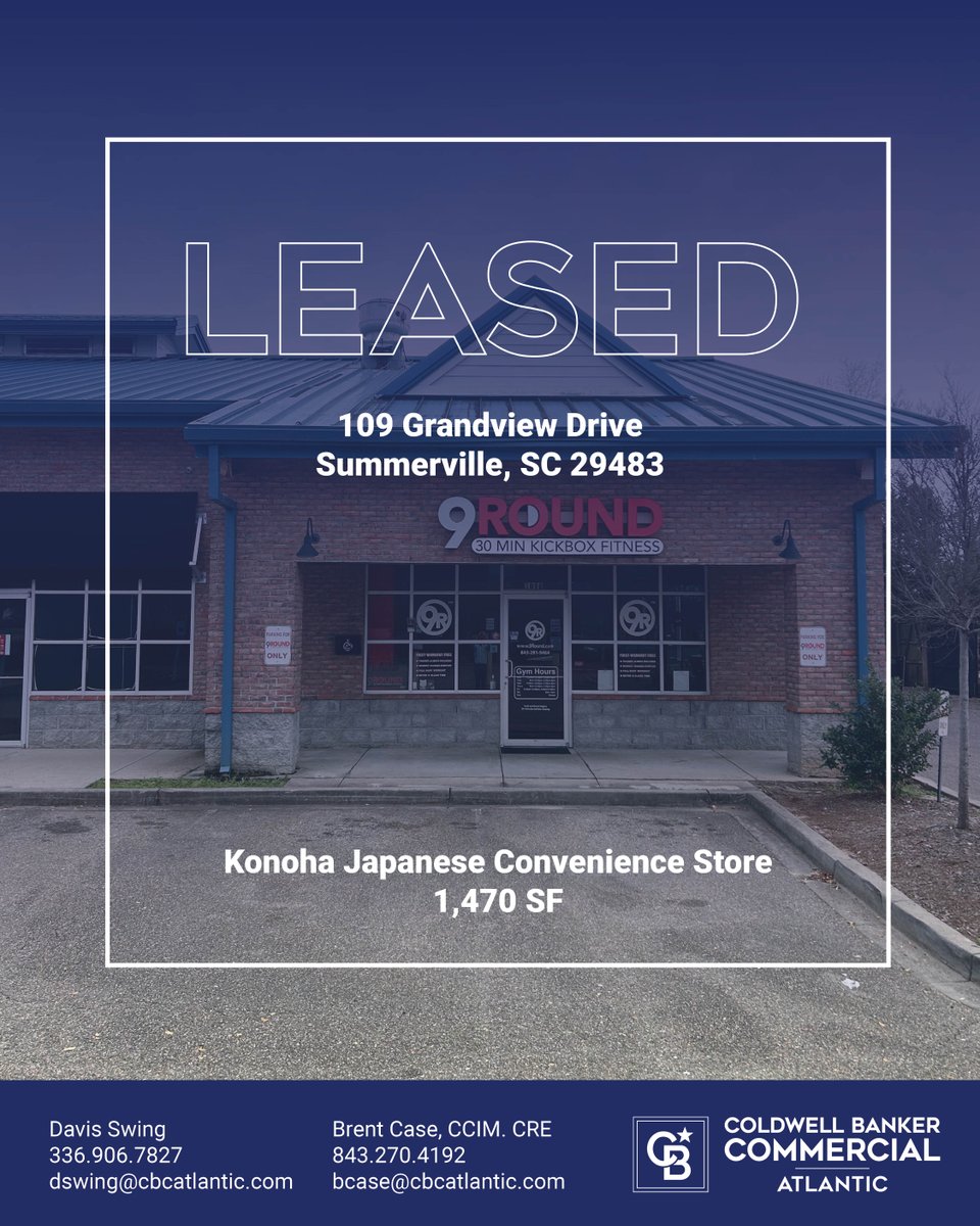 Just leased! 🏢 

Davis Swing &amp; Brent Case, CCIM, CRE of CBCAtlantic represented the landlord in the lease of 1,470 SF office space at 109 Grandview Dr, Summerville, SC. Welcome Konoha Japanese Convenience Store, repped by Keith Mayfield of CC&amp;T! #CRE