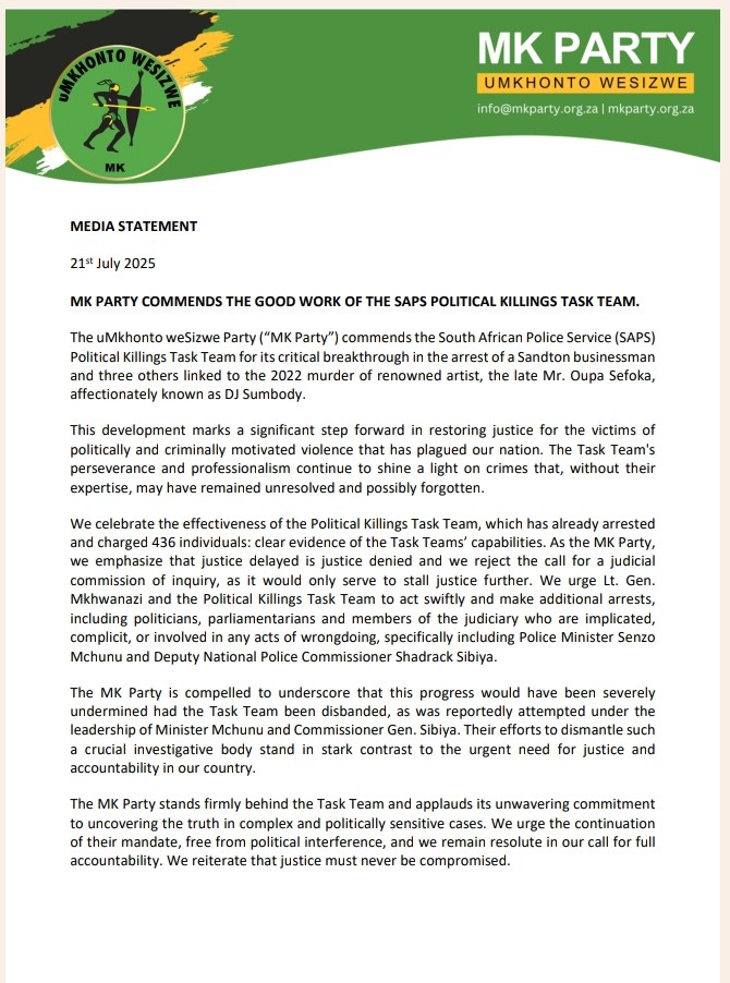 MkhontoweSizwex's tweet image. MK PARTY COMMENDS THE GOOD WORK OF THE SAPS POLITICAL KILLINGS TASK TEAM.