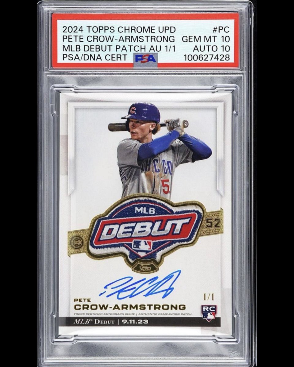 CardsBoulevard's tweet image. 2024 Topps Chrome Update Pete Crow-Armstrong MLB Debut Patch Auto 1/1…Dual PSA 10!