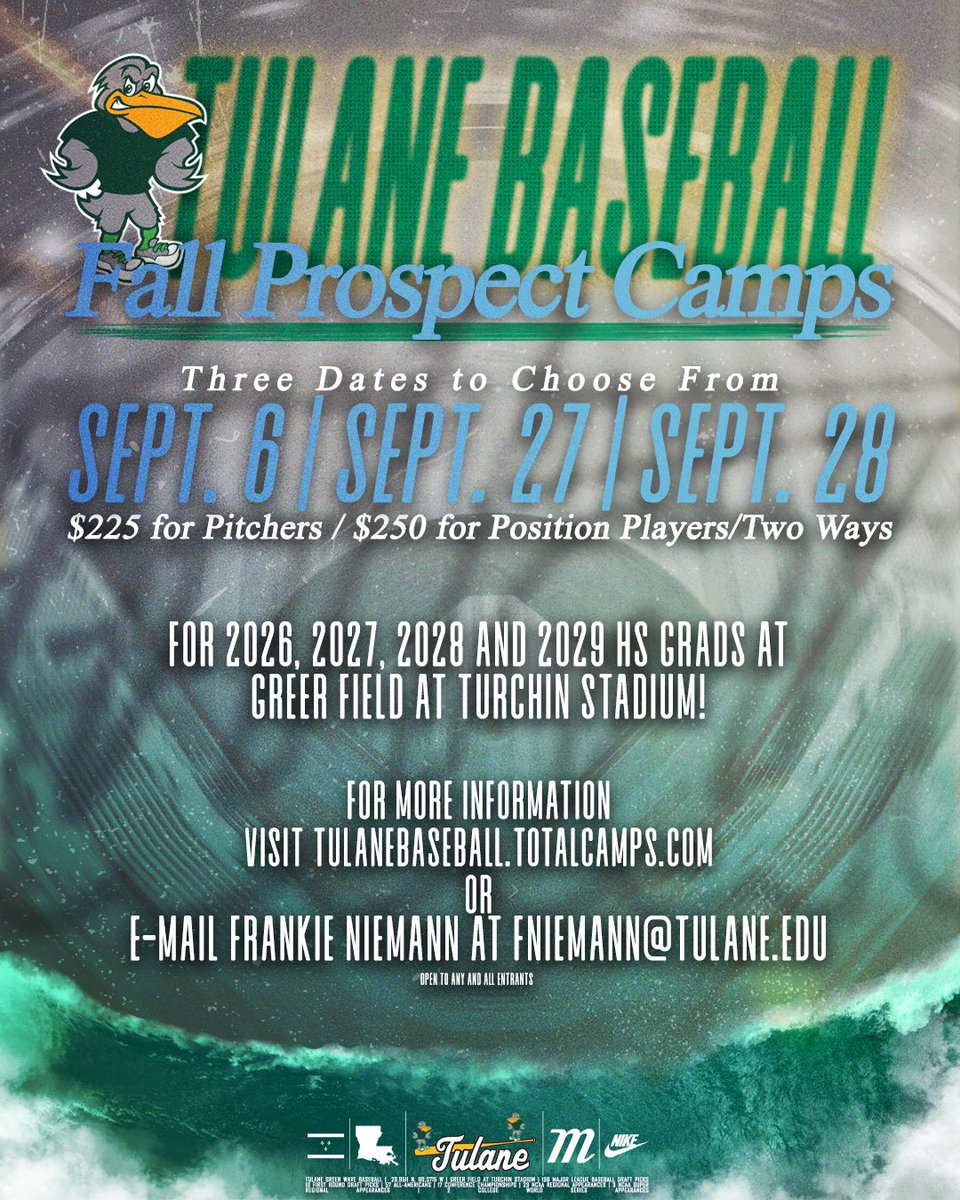 GreenWaveBSB's tweet image. Not 1๏ธโฃ, not 2๏ธโฃ, but 3๏ธโฃ Prospect Camps will be held in the friendly confines of #GFATS this fall! Donโt miss out on your chance to showcase your talents in front of the Tulane Baseball Coaching Staff!
Register: bit.ly/TulaneBSBCamps
#RollWave ๐ โพ๏ธ
