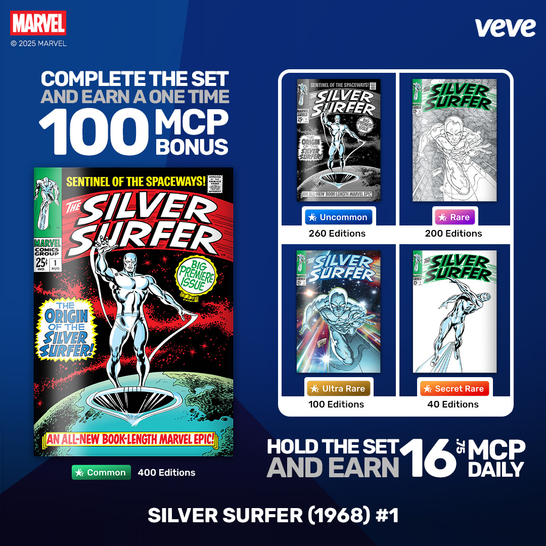 veve_official's tweet image. Complete the set of the First Appearance of Shalla Bal!
🔹 Complete the set and earn a one-time 100 MCP bonus!
🔹 Hold the set and earn 16.75 MCP daily!
@Marvel's Silver Surfer (1968) #1 drops in blind box waitlist format with 5 cover variants on Wed 23 July at 8AM PT.…