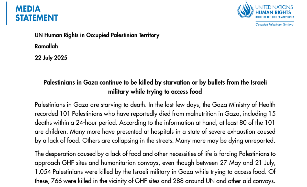 NoticiasONU's tweet photo. 🔴15 personas han muerto de hambre en #Gaza  en las últimas 24 horas. 
En los últimos días, el Ministerio de Sanidad ha registrado 101 muertes por desnutrición en Gaza. Al menos 80  son niños. 
Es posible que muchos más estén muriendo sin ser reportados. @OHCHR_Palestine https://t.co/sRHAOupyp9