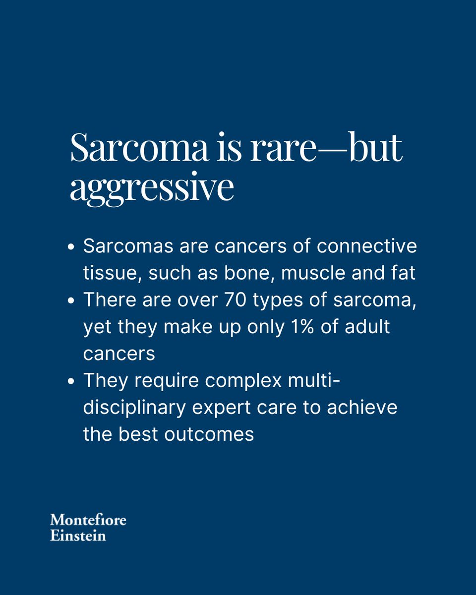 MontefioreOrtho's tweet image. July is Sarcoma Awareness Month and while sarcoma may be rare, its impact is real.
Sarcoma is a cancer of the bone and soft tissue that often goes undetected until it’s advanced. At Montefiore Einstein, we want you to know the signs, trust your gut, and seek care early.
Swipe…