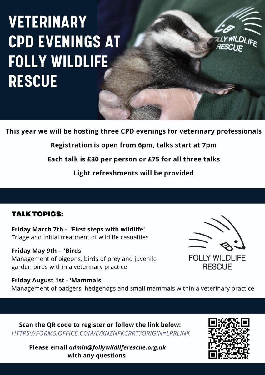 FollyWildlife's tweet image. Just over a week to go until our next CPD evening for Veterinary Professionals 📖🦡
Friday August 1st - 'Mammals'- Common conditions and management of Badgers, Hedgehogs, and Small mammals 🦔
Only a few spaces remaining! If you’re interested, please register here…