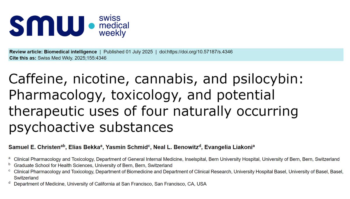 ChaunceyGardner's tweet image. MUST READ
Well-referenced review of research on therapeutic benefits of caffeine, nicotine, cannabinoids and psilocybin. It's time to de-demonize these substances... over the screaming objections of people who suffer from Prohibition Use Disorder (PUD).
smw.ch/index.php/smw/…