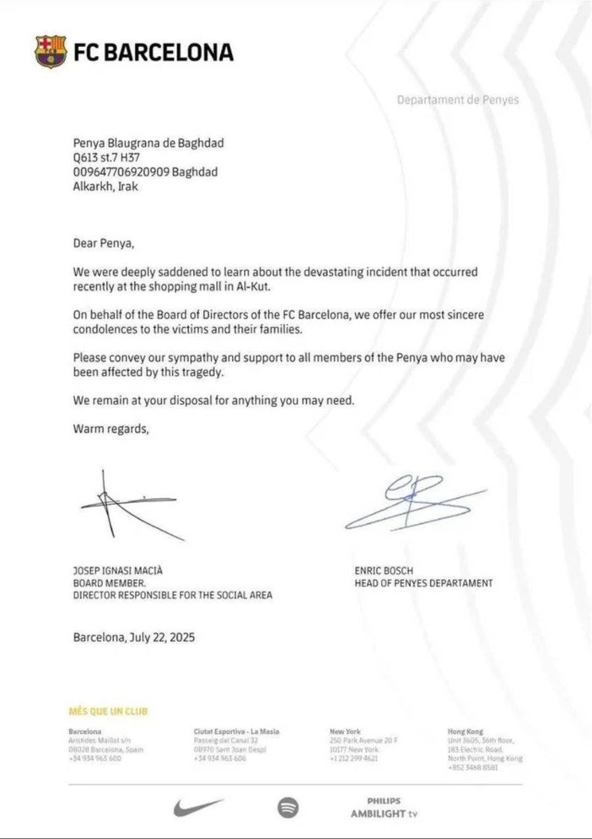 نادي برشلونة يعزي الشعب العراقي وجماهير النادي بحادثة حريق المركز التجاري في مدينة الكوت 🙏