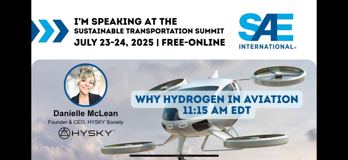 Hy__Sky's tweet image. Our CEO, @DanielleCMcLean is honored to be speaking tomorrow at @SAEIntl Sustainable Transportation Summit 2025, a free online event focused on clean energy solutions for transportation on, “Why Hydrogen in Aviation,” as part of a powerful agenda advancing sustainable mobility.…