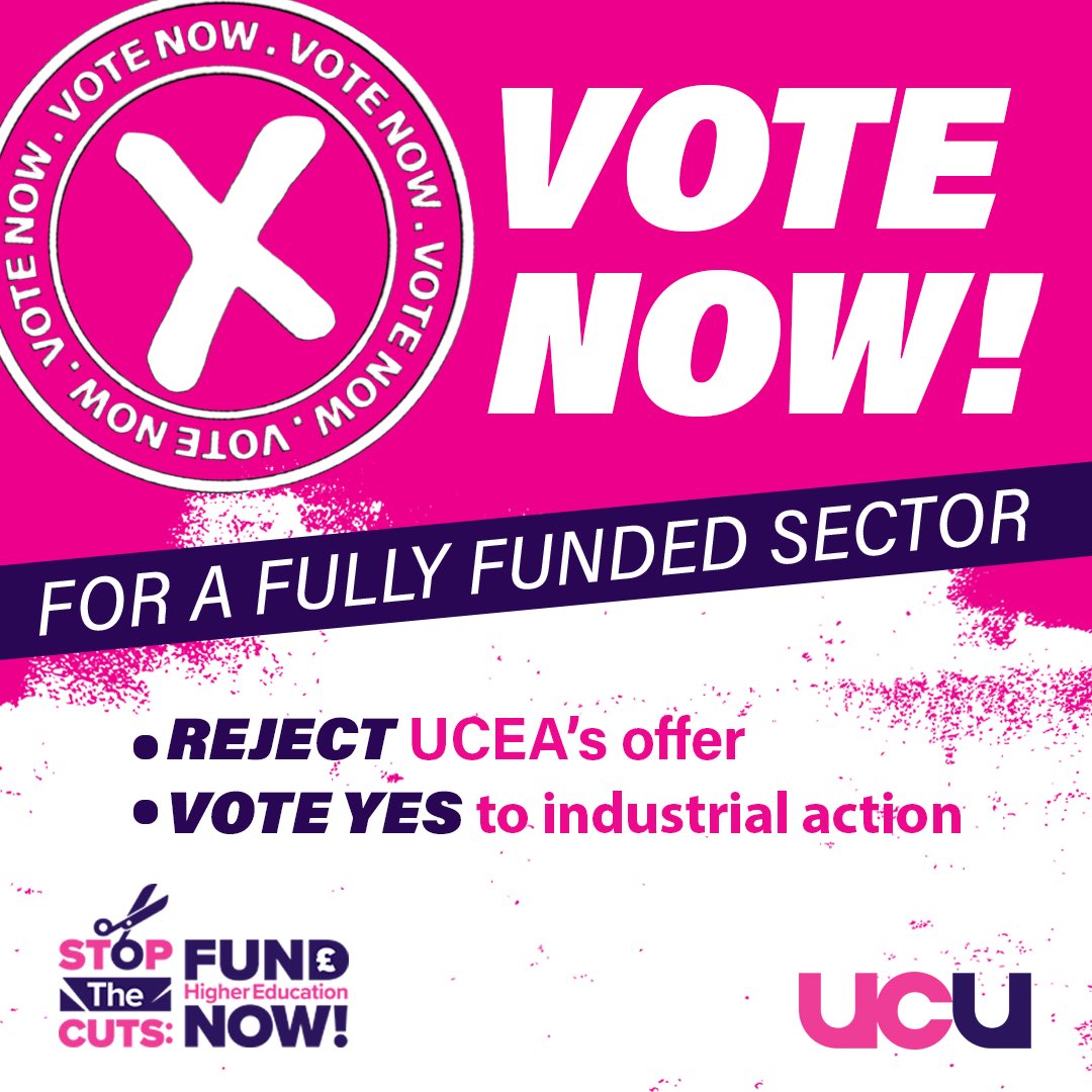 ucu's tweet image. 📢 UCU HE members: The consultative ballot on UCEA's final offer is now OPEN:
This is your chance to have your say on pay and conditions for 2025/26.
HEC recommends:
❌ Reject the final offer
✅ Vote YES to industrial action
Ballot Closes Friday August 15th.
Vote NOW…