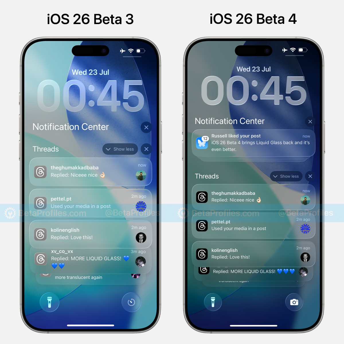 BetaProfiles's tweet image. In iOS 26 Beta 4, the Lock Screen wallpaper gets darker as you scroll through your notifications.