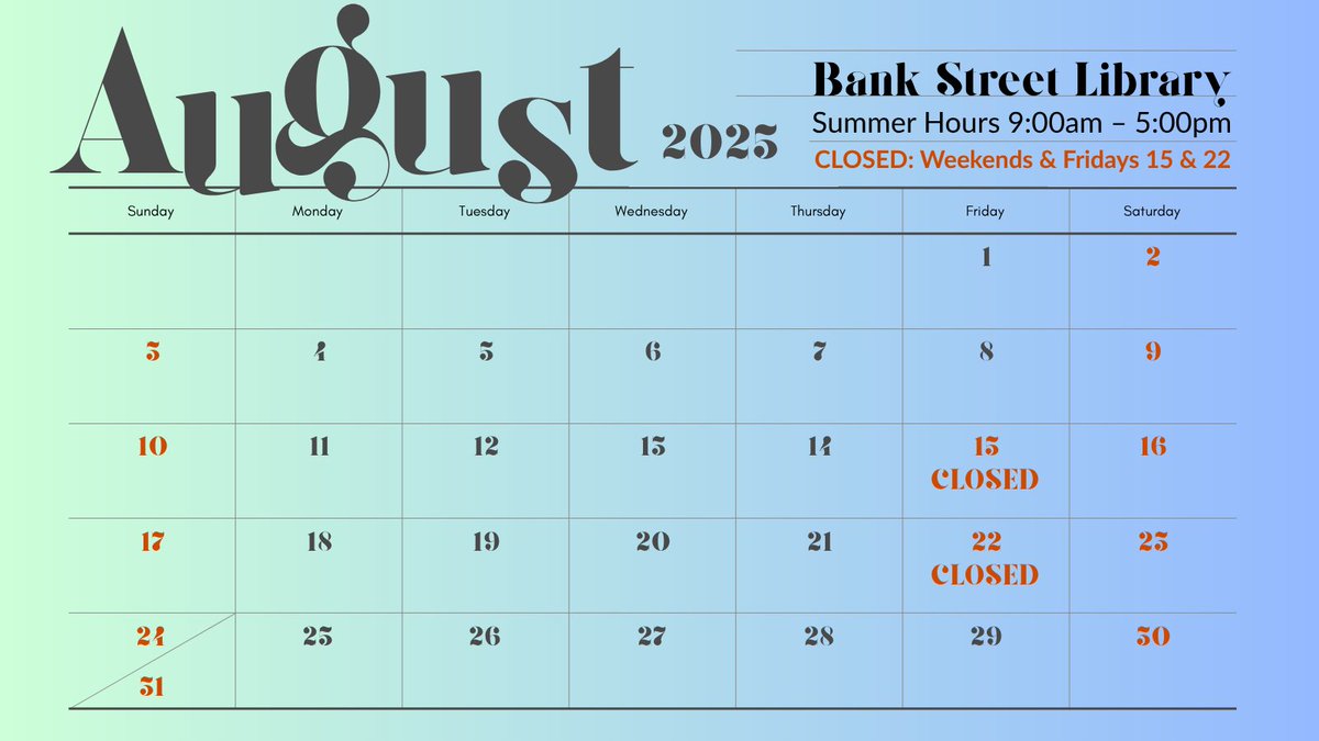 @bankstreetlibrary.bsky.social (@bankstreetlib) on Twitter photo The Library is open during August (Monday to Friday, 9:00 AM – 5:00 PM). There are two Energy Conservation days (August 15 & 22), and Labor Day weekend (Monday, September 1) when the Library is closed. bankstreet.edu/library/blog/l… #bankstreet <a href="/bankstreetedu/">Bank Street College</a> The Library is open during August (Monday to Friday, 9:00 AM – 5:00 PM). There are two Energy Conservation days (August 15 & 22), and Labor Day weekend (Monday, September 1) when the Library is closed. bankstreet.edu/library/blog/l… #bankstreet <a href="/bankstreetedu/">Bank Street College</a>