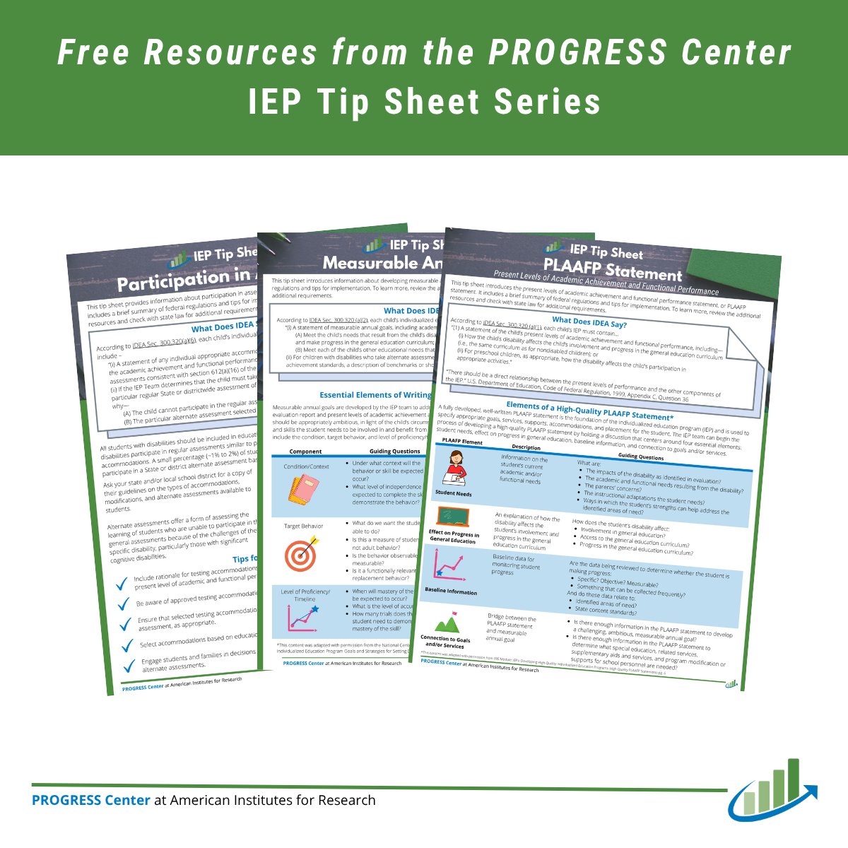 K12PROGRESS's tweet image. We make navigating the individualized education program (#IEP) process easier. Our series of concise, easy-to-understand tip sheets breaks down key components of the IEP—from the PLAAFP Statement to transition services.
Explore the full series: promotingprogress.org/resources/iep-…