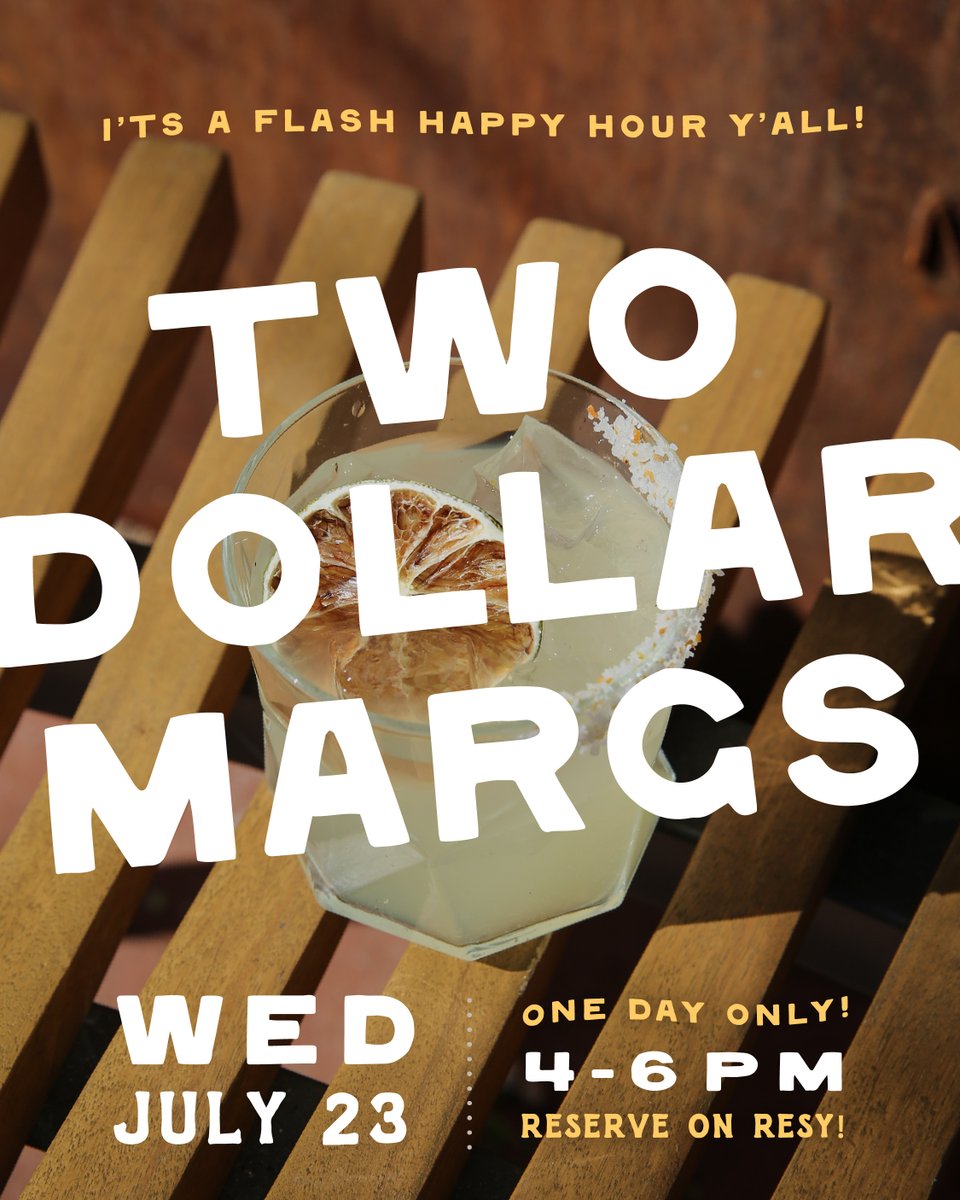TOMORROW (Wed 7/23, 4-6p) join us for...

TWO 👏 DOLLAR 👏 MARGS!

Snag a resy: republic-cantina.com/reserve (note we always hold ~1/2 our space for walk-ins, &amp; HH is available anywhere in the restaurant)

SEE Y’ALL WEDS 🤠 &amp; keep yr eye out for more flash HH dealz coming up..