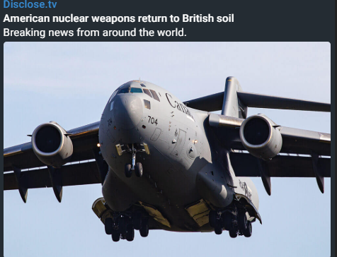UltraDane's tweet image. Peace through delivering nuclear weapons (they're free though) to severely brain damaged utter fools... yay!
American nuclear weapons return to UK for the first time since 2008. A U.S. Air Force C-17 transport aircraft arrived at RAF Lakenheath, Suffolk, UK, from Kirtland Air…