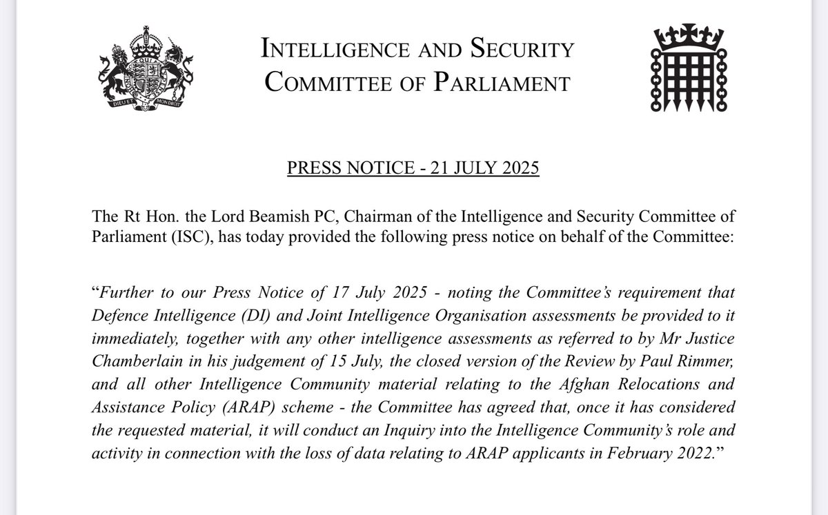 adefty's tweet image. The Intelligence and Security Committee will be conducting an inquiry into the Afghan data breach isc.independent.gov.uk