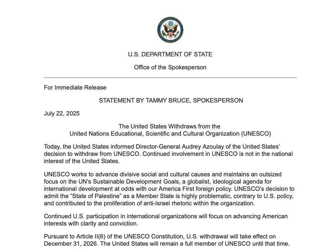 TheShadowObs's tweet image. 🇺🇸❌🇺🇳 ‼️ United States of America to withdraw from the United Nations Educational, Scientific and Cultural Organization on December 31 2026, joining Israel and Liechenstein as the only UN-states not members of UNESCO‼️
➡️ State Department cites the State of Palestine being a…