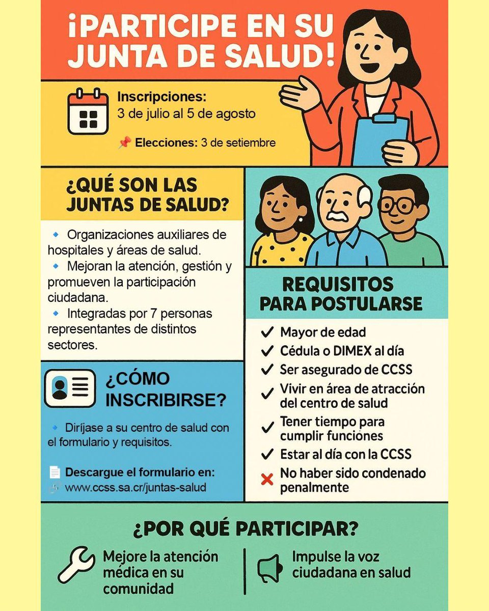 Está abierto el período para postularse a las juntas de salud de la #CCSS. Es urgente contar con representantes de las personas aseguradas, que realmente se compromentan con el derecho a la salud. Aquí pueden descargar el formulario de inscripción ➡️ ccss.sa.cr/juntas-salud