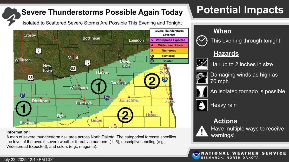 NWSBismarck's tweet image. Afternoon Update: The slight risk was pushed south. Timing looks to be later this evening through the overnight. #NDwx