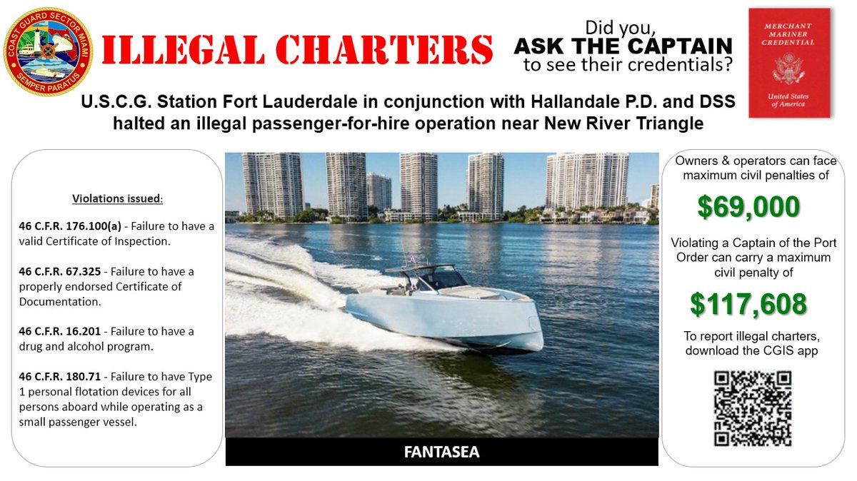 USCGSoutheast's tweet image. #news 🚨 @USCG Station Fort Lauderdale & Sector Miami crews stopped 9 illegal charter operations, Saturday & Sunday, in Fort Lauderdale waterways.
‼️ Hiring a charter? Ask to see credentials! ‼️
🔗: tinyurl.com/ykfcb2v3
#safeboating #illegalcharters