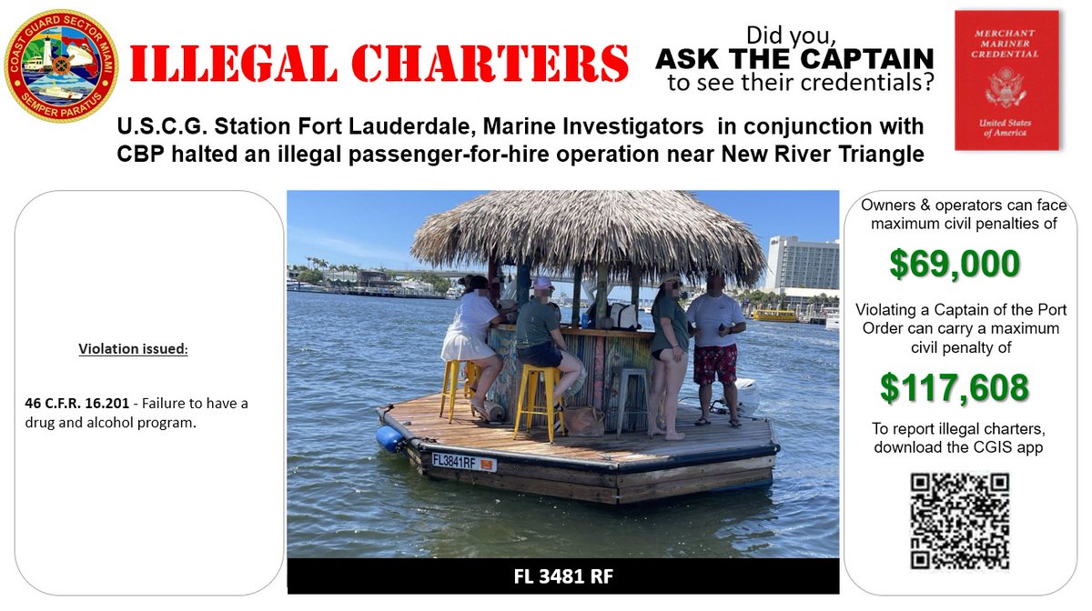 USCGSoutheast's tweet image. #news 🚨 @USCG Station Fort Lauderdale & Sector Miami crews stopped 9 illegal charter operations, Saturday & Sunday, in Fort Lauderdale waterways.
‼️ Hiring a charter? Ask to see credentials! ‼️
🔗: tinyurl.com/ykfcb2v3
#safeboating #illegalcharters