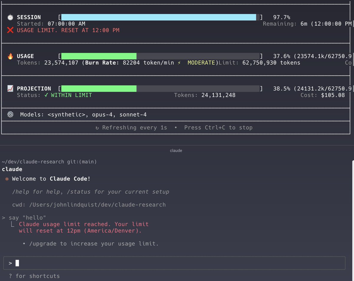 johnlindquist's tweet image. Finally hit the Claude Code MAX ($200) usage limit in a 5-hour span. That was an intense morning 😇