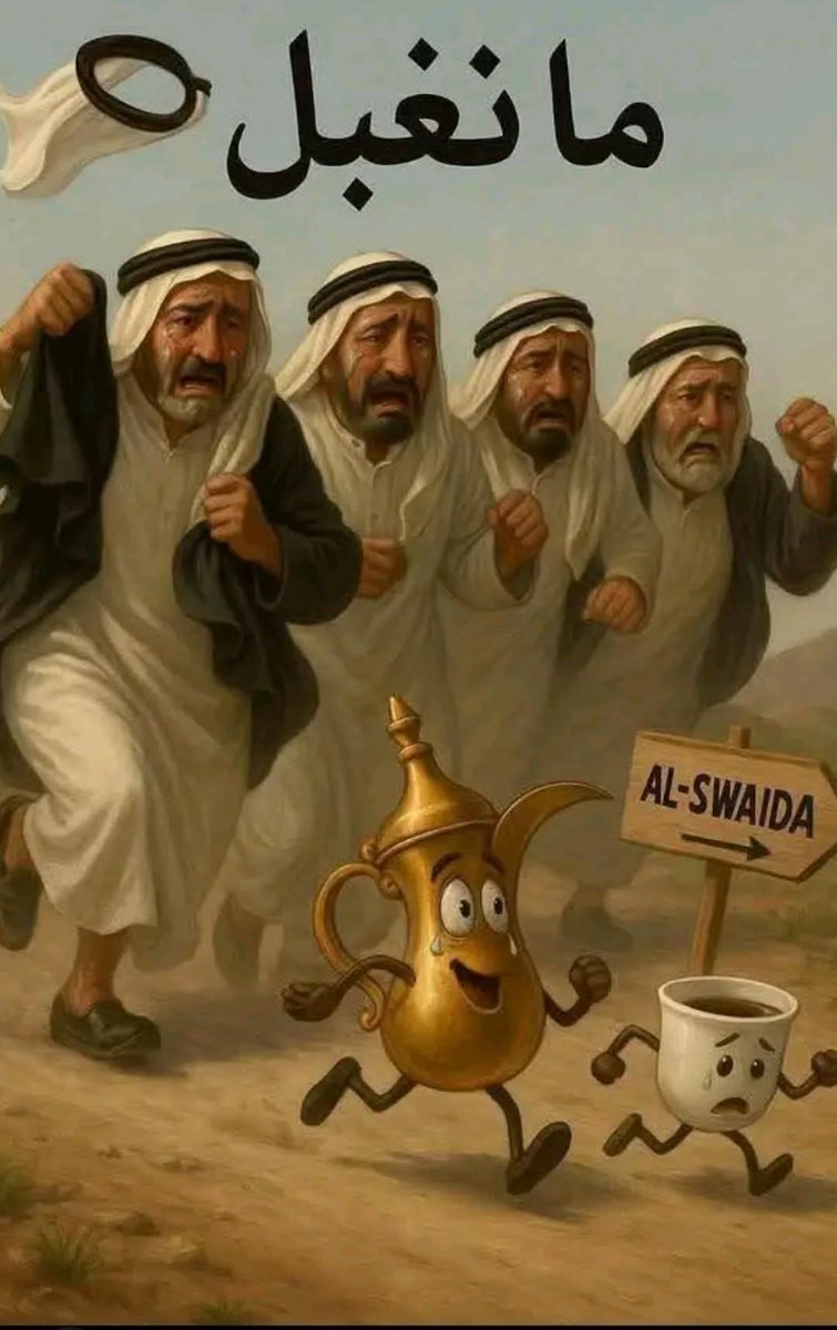 mehmod_kolo's tweet image. الدلة والفنجان هاربين على طريق "السويداء"، وراهم مجلس رجال مقهورين..
العبارة فوق تقول: "ما نقبل ☕️"
الوضع أزمة كافيين وطنية 😂