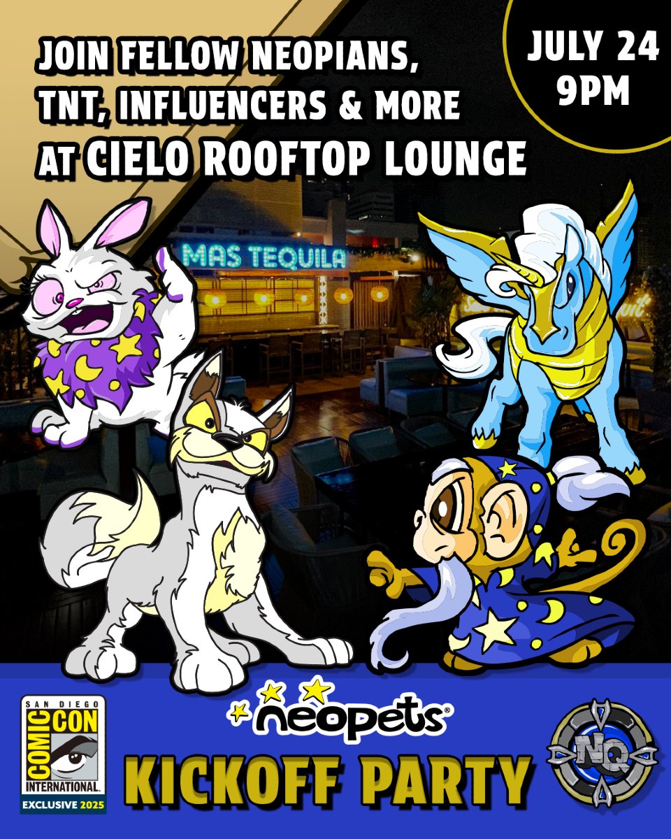 Neopets's tweet image. Only 1 SLEEP till Neopets is at #sdcc2025 - Don't get carried away counting Babaas and miss us! 🌈
We'll be at Booth #534 with Big Aisha and tons of fun! And if that's not enough, we'll be partying the night away at Cielo Rooftop Lounge on July 24 with games, prizes + more! Get…
