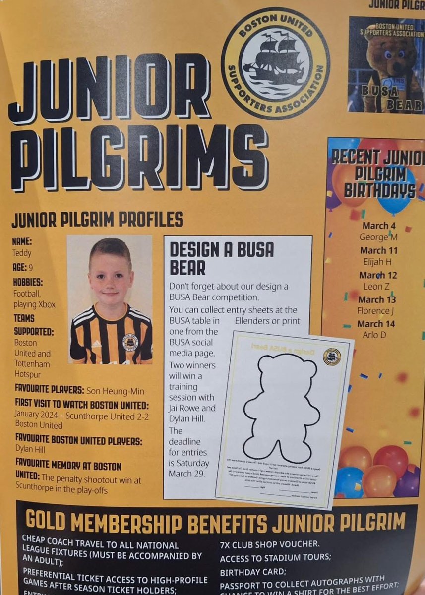 busabufc's tweet image. If you have a child who is a Junior Pilgrim member and would like to get them featured in the Club’s matchday programme, as well as having a walk around the pitch with BUSA Bear himself, all you need to do is email lornatrigg8@gmail.com and you will receive the questionnaire to…