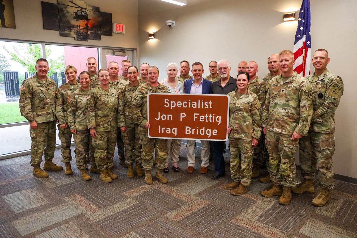 GovArmstrong's tweet image. Honored to join in the bridge renaming ceremony in remembrance of Spc. Jon P. Fettig in Dickinson.
Every person who passes the bridge on state highway 22 over the Heart River will receive a poignant reminder that freedom isn't free. His legacy of service and his ultimate…