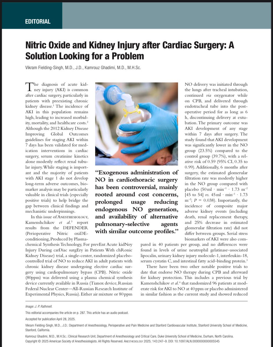 Kam Ghadimi (@kamghadimimd) on Twitter photo 🔥 Perioperative Nitric Oxide Conditioning Reduces Acute Kidney Injury in Cardiac🫀Surgery Patients with Chronic Kidney Disease (the DEFENDER Trial): A Randomized Controlled Trial | <a href="/_Anesthesiology/">Anesthesiology</a> journal
Link to paper | Kamenshchikov et al.: journals.lww.com/anesthesiology…
Link to 🔥 Perioperative Nitric Oxide Conditioning Reduces Acute Kidney Injury in Cardiac🫀Surgery Patients with Chronic Kidney Disease (the DEFENDER Trial): A Randomized Controlled Trial | <a href="/_Anesthesiology/">Anesthesiology</a> journal
Link to paper | Kamenshchikov et al.: journals.lww.com/anesthesiology…
Link to