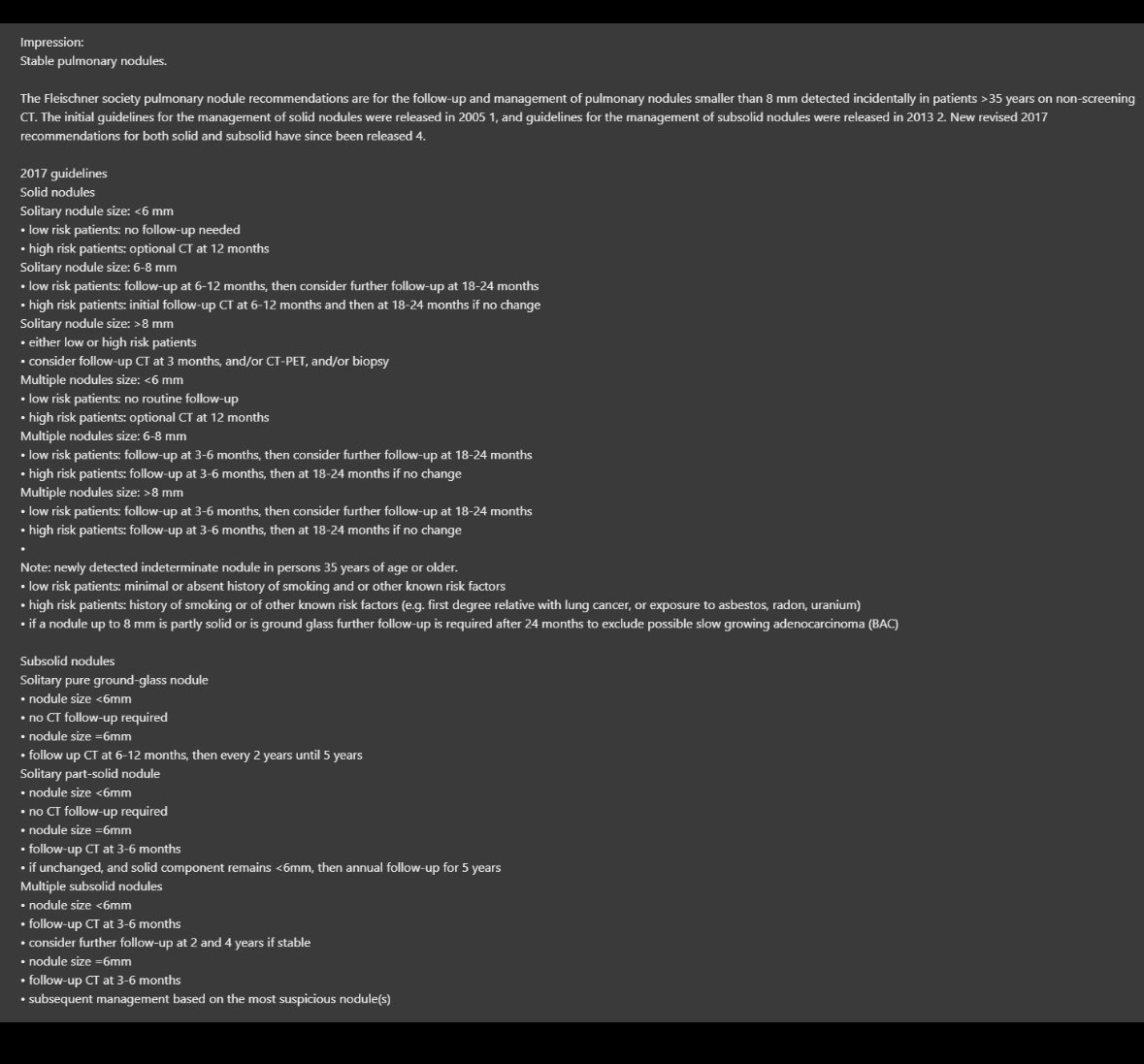 WillyRontgen's tweet image. Vomiting up the entire Fleischner criteria guidelines in the impression of your report is lazy and helps no one. Just give the specific, appropriate recommendation for follow up.
