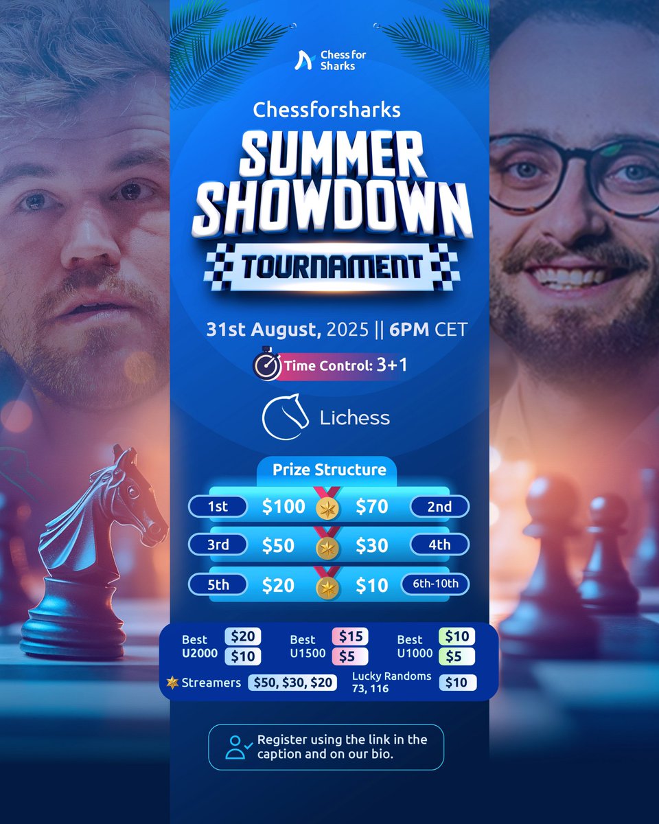 Get ready for the Chessforsharks Summer Showdown! 🏆

Join us on Aug 31, 2025, at 6PM CET on Lichess  for the toughest Online Chess tournament this Summer. 

Last time was tough, but this time, your chess will be tested. 
Sign up HERE: eepurl.com/jg2Wto

#chess