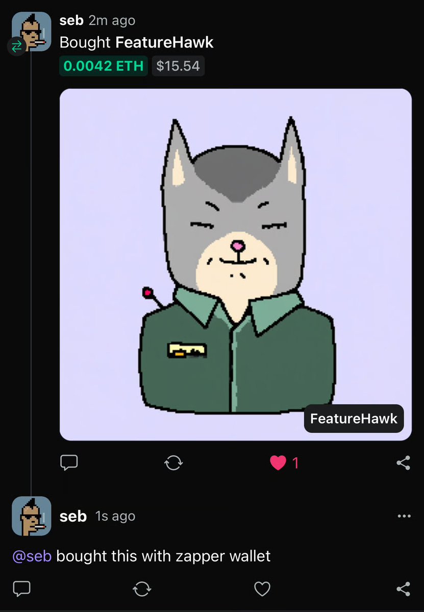sebaudet26's tweet image. this was bought on zapper
I also replied and liked the sale on zapper
magic happens when you combine onchain &lt;&gt; permission-less social graph