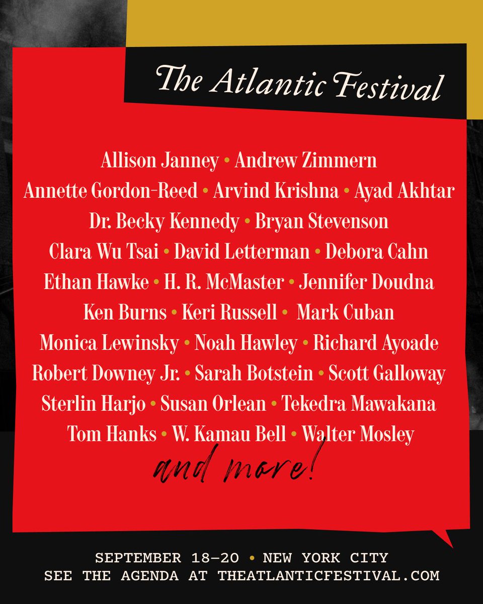 AtlanticLIVE's tweet image. The Atlantic Festival agenda is here. Join us for three days of timely conversations and bold ideas, as a powerhouse lineup of speakers brings The Atlantic’s journalism to the stage. 1-Day Passes and Out and About tickets go on sale tomorrow. Explore the full agenda →…