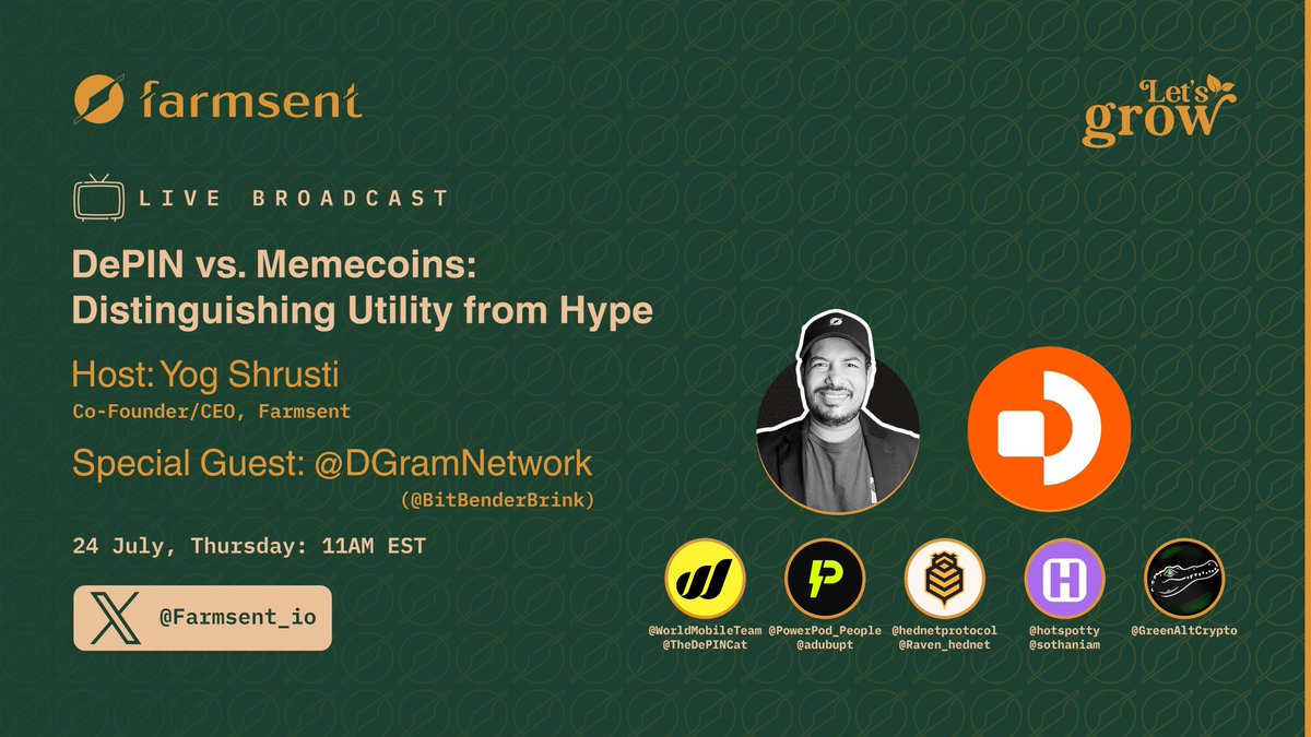 Farmsent_io's tweet image. Is your token building real-world impact—or just riding waves of hype? 🤔

We’re bringing together some of the most innovative minds in the DePIN space on our Live Broadcast to discuss &quot;DePIN vs. Memecoins: Distinguishing Utility from Hype.&quot; 📣

🎯 Special Guest Alert!…