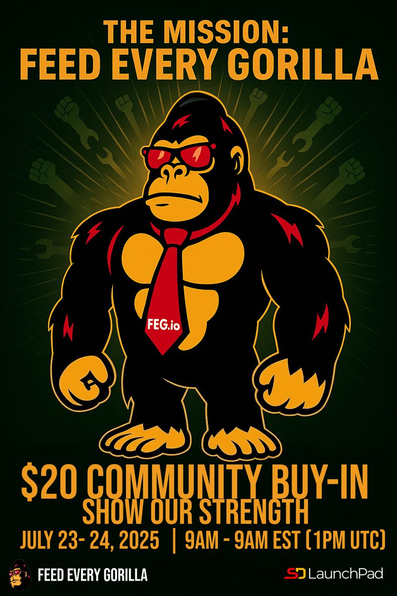 FEGtoken's tweet image. 🦍 FEED EVERY GORILLA: COMMUNITY BUY MISSION
📅 When:
July 23–24, 2025
🕘 9AM EST / 1PM UTC → 9AM EST / 1PM UTC (24 Hours)
🎯 The Mission:
Unite. Buy. Hold.
Show our collective strength — and prove what happens when we move as one.
⸻
💰 HOW TO QUALIFY
✅ Buy at least $20…