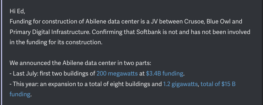 edzitron's tweet image. Crusoe's PR has confirmed with me that SoftBank is not and has not ever been involved in the funding of the "Stargate" Abilene data center. To be clear, SoftBank has otherwise no other function in Stargate, meaning they were never *anything* to do with this data center project.