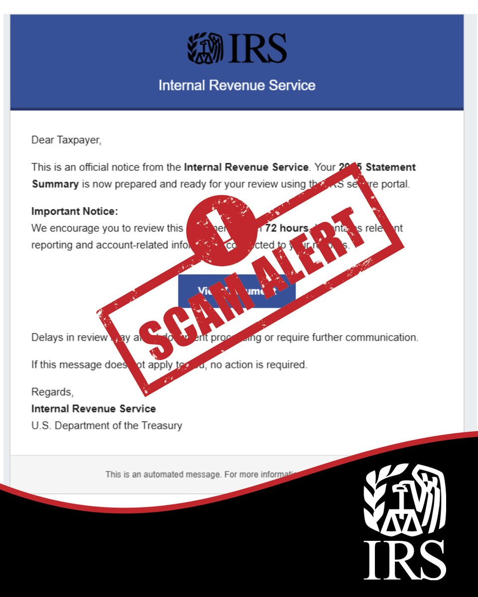 IRStaxsecurity's tweet image. Beware of phishing schemes aimed at stealing your identity through fake #IRS emails, including those directing you to click on fraudulent links to obtain your tax documents or “account summary.” See: irs.gov/phishing