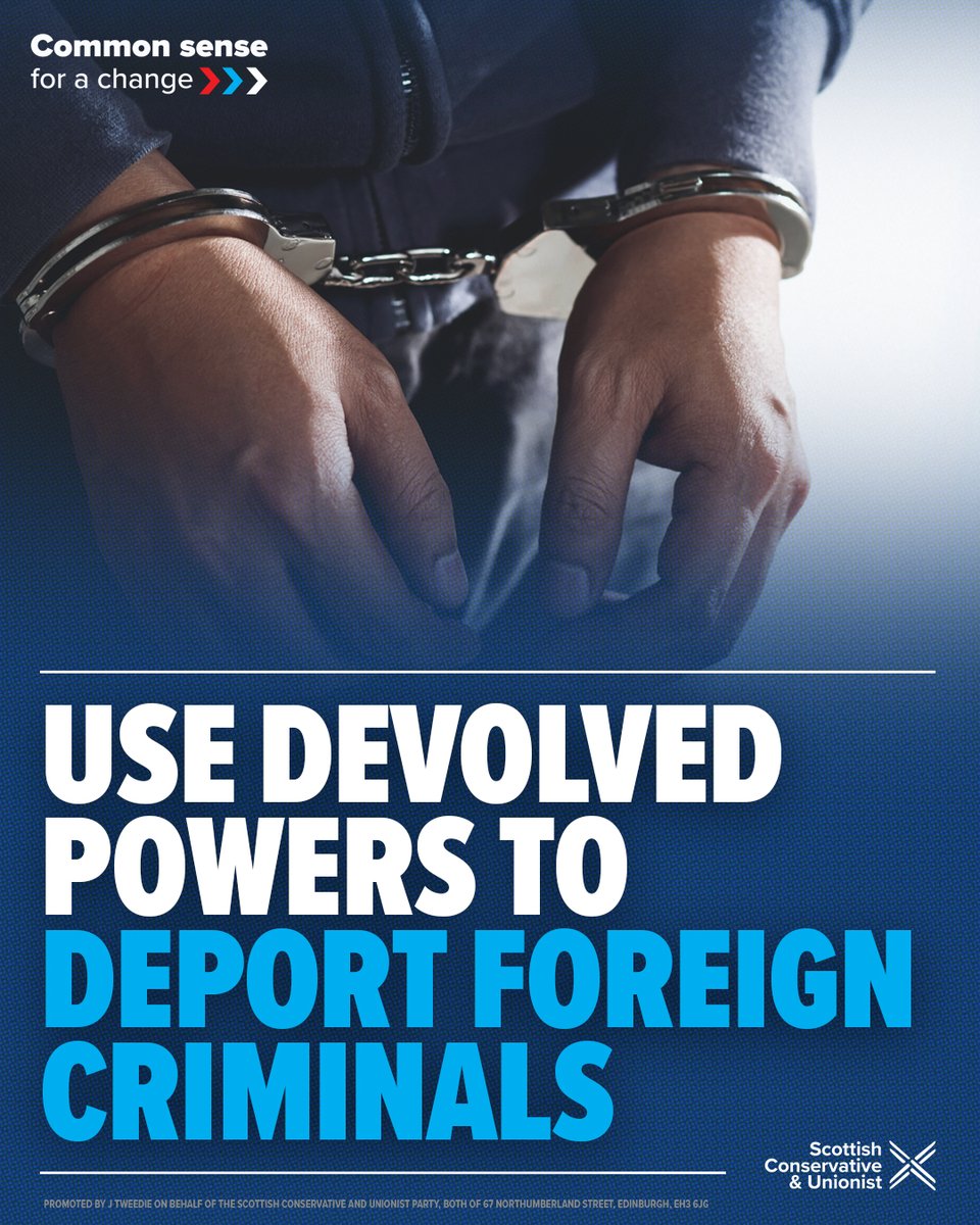 ScotTories's tweet image. Foreign criminals shouldn't be taking up space in Scottish prisons.
We would use devolved powers to make sure every foreign criminal convicted by a Scottish court is deported.
👉 scottishconservatives.com/policies/depor…