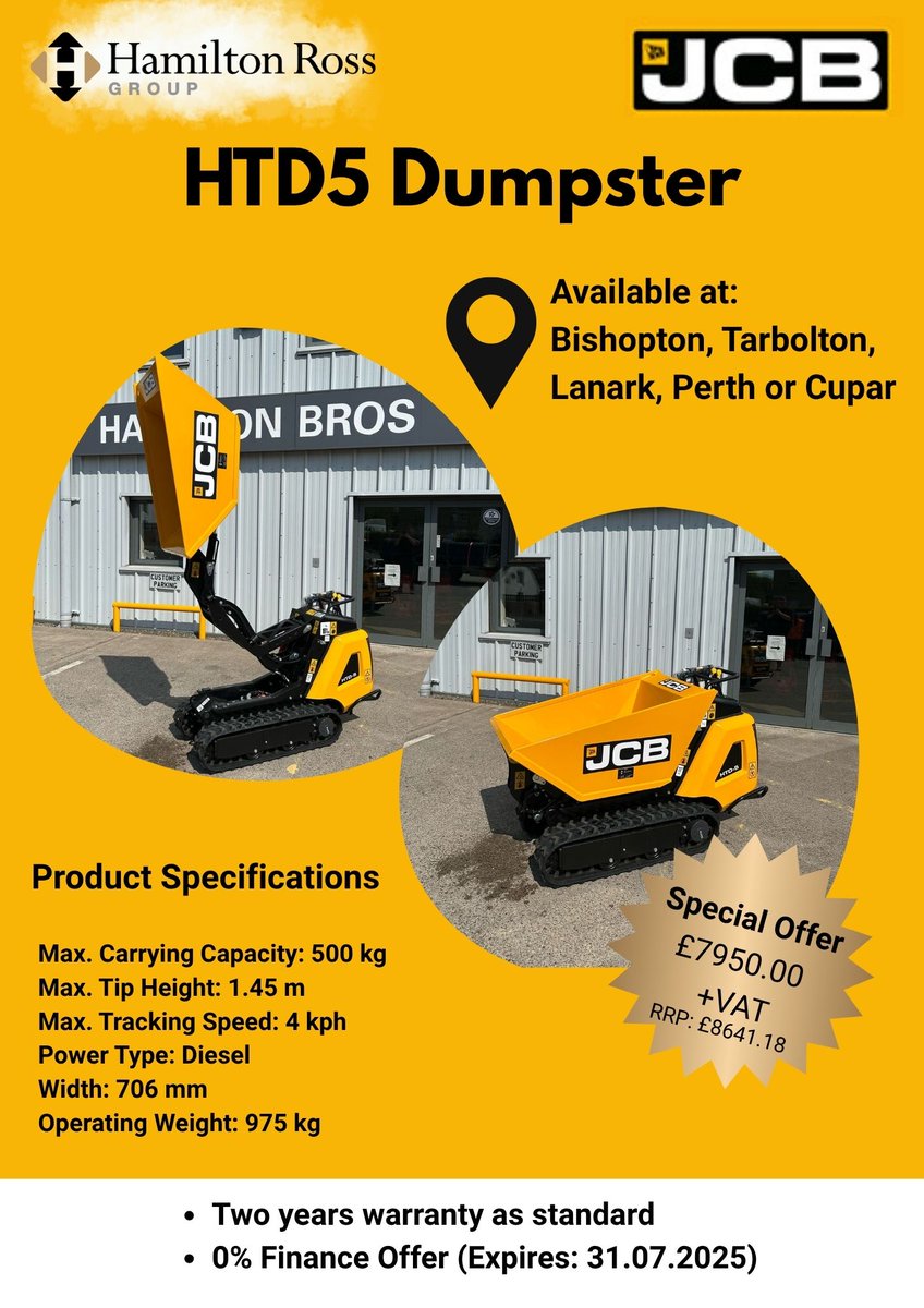 🚨 JCB Dumpsters Available! 🚨

Secure yours by 31st July to take advantage of our 0% finance offer 💥

Don’t miss out – contact the team today! 📞
#JCB #HamiltonRossGroup #0PercentFinance #Machinery