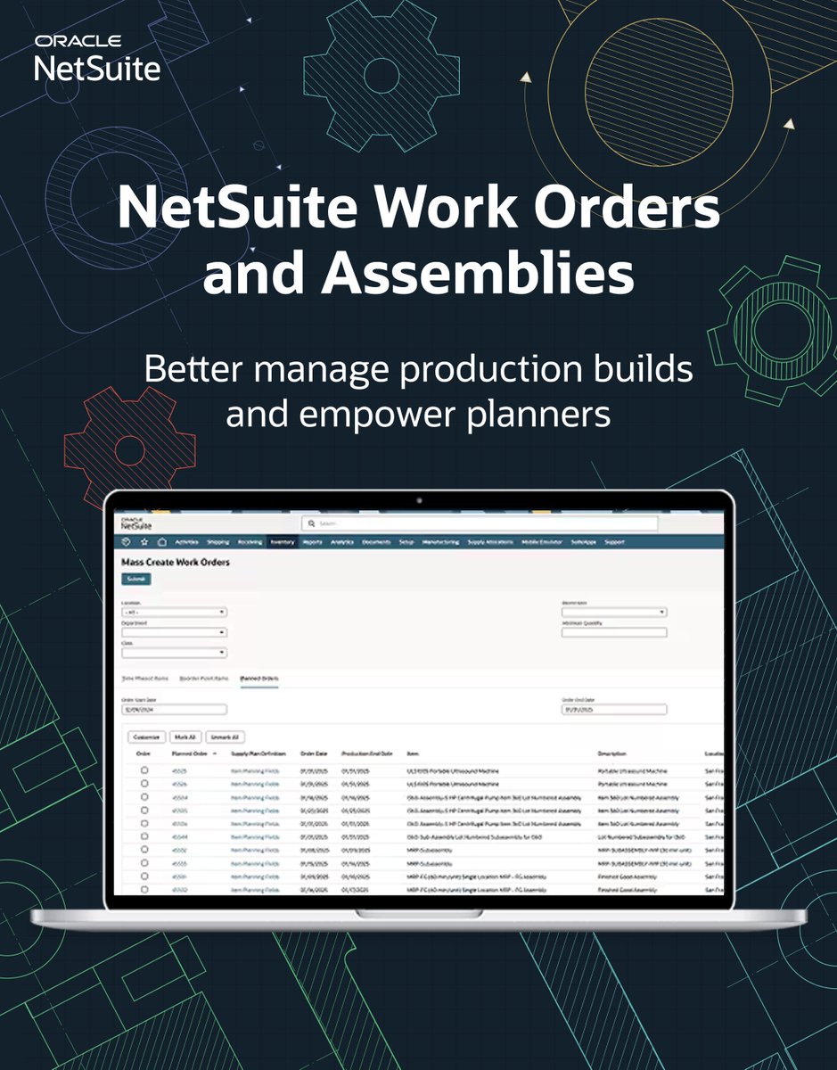 NetSuite's tweet image. Production meets precision. On July 30, see how our work orders and assemblies solution can help you easily handle changes to your bill of materials amid supply chain volatility. social.ora.cl/6019fHoYT #SupplyChain