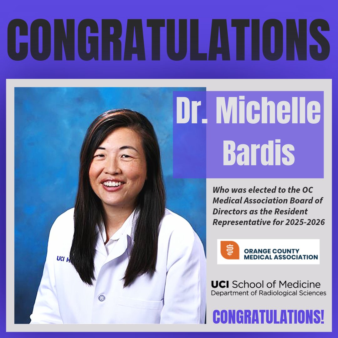 UCI Radiology (@uciradiology) on Twitter photo Congratulations to Dr. Michelle Bardis who was recently elected to the Board of Directors of the Orange County Medical Association as the Resident Representative 2025-2026.
#UCI #Announcement <a href="/OCMA_OC/">Orange County Medical Association</a> <a href="/UCIradres/">UCI Radiology Residency</a> <a href="/UCI_Neurorads/">UCI Neuroradiology</a> Congratulations to Dr. Michelle Bardis who was recently elected to the Board of Directors of the Orange County Medical Association as the Resident Representative 2025-2026.
#UCI #Announcement <a href="/OCMA_OC/">Orange County Medical Association</a> <a href="/UCIradres/">UCI Radiology Residency</a> <a href="/UCI_Neurorads/">UCI Neuroradiology</a>