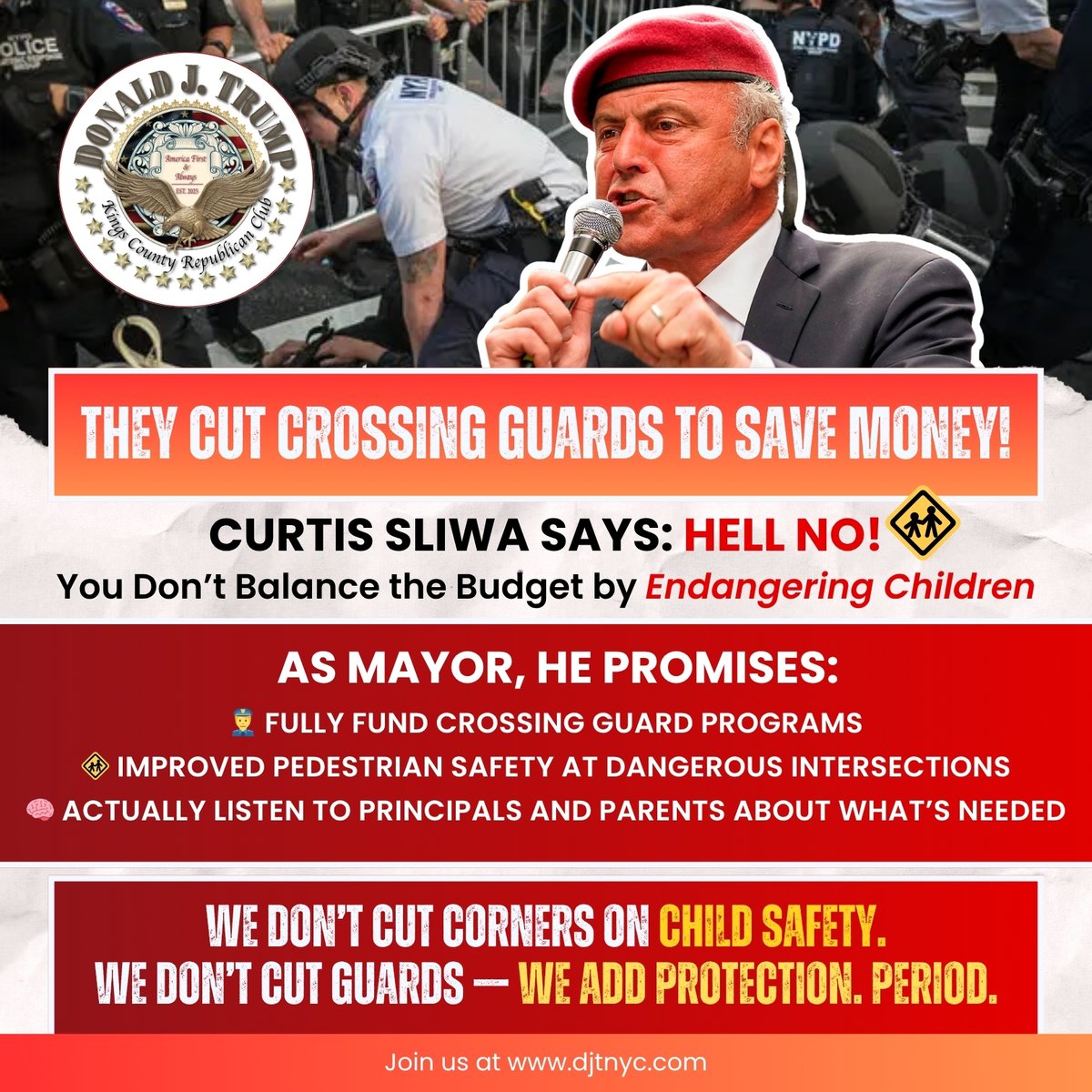 DJTNYCLUB's tweet image. Mayor Adams tried to cut CROSSING GUARDS to balance the budget.
Let that sink in.
They’re OK with making our kids less safe if it helps their bottom line.
Curtis Sliwa says: HELL NO.
You don’t balance the budget by endangering children.
As Mayor, he will:
👮♂️ Fully fund crossing…