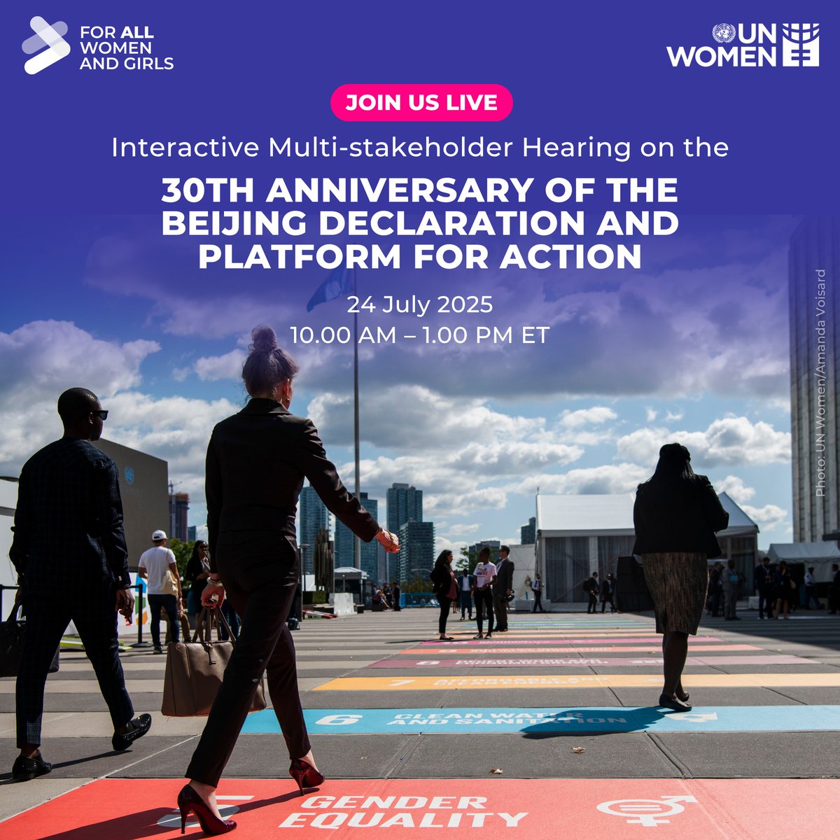 2025 is a defining moment for #GenderEquality. 

With #Beijing30 as a roadmap to accelerate progress on #SDG5, see how feminist leadership &amp; smart investments can drive real results #ForAllWomenAndGirls. 

📺 Join us LIVE on July 24 at 10 AM ET: unwo.men/eT1e50Wtpao

#HLPF